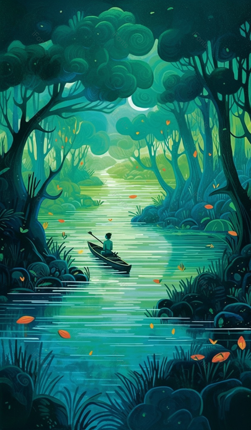 微风树叶掉落绿色树林树木从中曲折小河小溪一只船一个人慢慢前行缓慢舒适插画,插画/手绘图,插画/手绘图库,插画/手绘图下载,插画/手绘